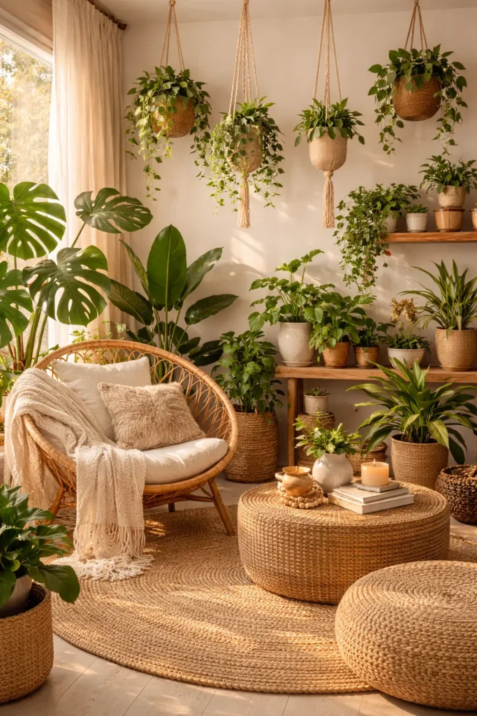 Plant-Filled Boho Living Room Decor with Natural Vibes